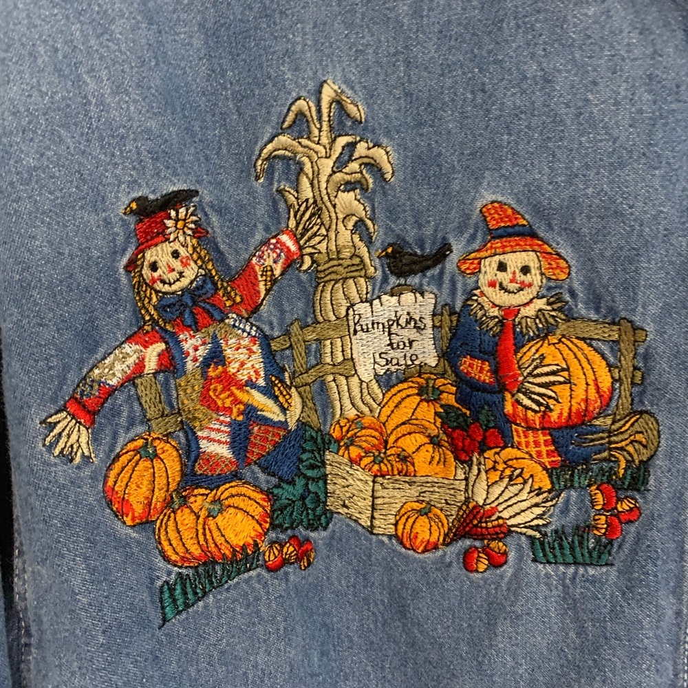 Bobbie Brooks Blue Denim Button Down Shirt with Embroidered Scarecrows - Picture 4 of 9